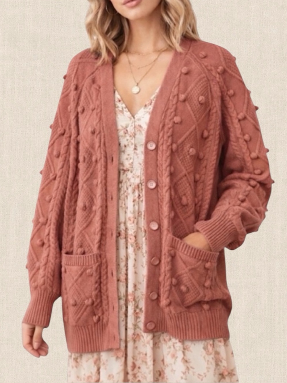 Jackson Rowe Bobble Cable Knit Cardigan Chunky Small Cozy Cottagecore Oversized